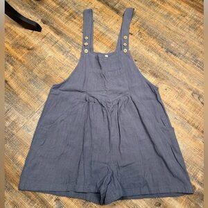 Blue Linen Blend Romper Womens Small Adjustable Strap Pocket Summer